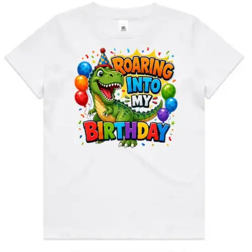 Roaring Into My Birthday kids white t-shirt lay flat with dinosaur birthday design on front