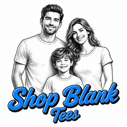 Shop blank t-shirts category image showing an illustrated family wearing plain tees with Shop Blank Tees text.