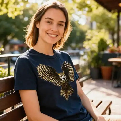 Woman wearing a white Golden Owl ladies t-shirt sitting on a bench in a park