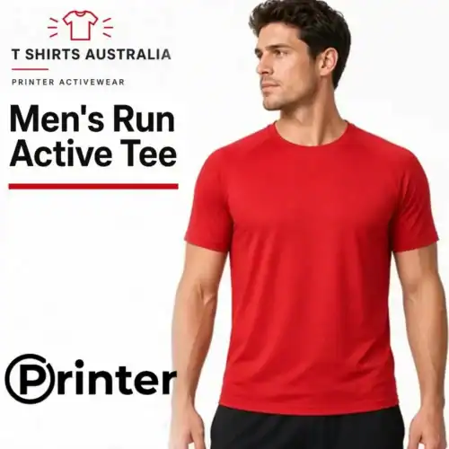 Model wearing a red Printer Activewear PA408 Men’s Run Active Tee