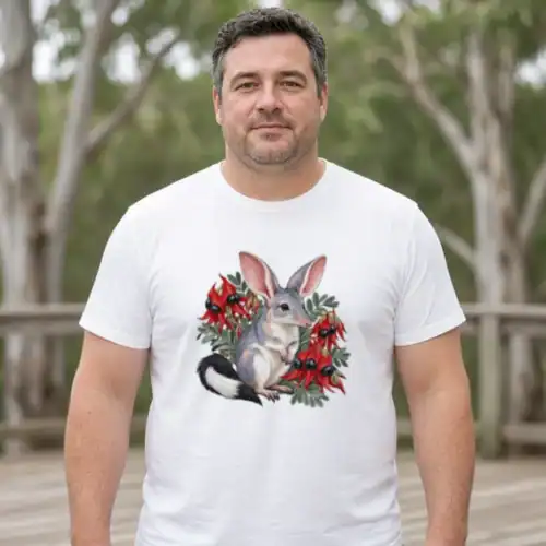 Lifestyle photo of the Bilby Among Sturt Desert Peas Premium Men’s T-Shirt being worn or used