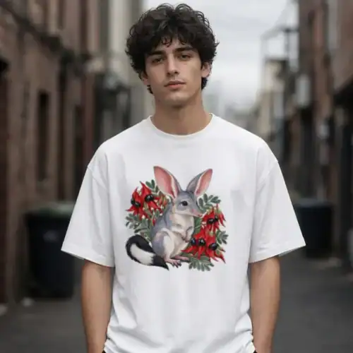 Lifestyle photo of the Bilby Among Sturt Desert Peas Oversized T-Shirt being worn or used