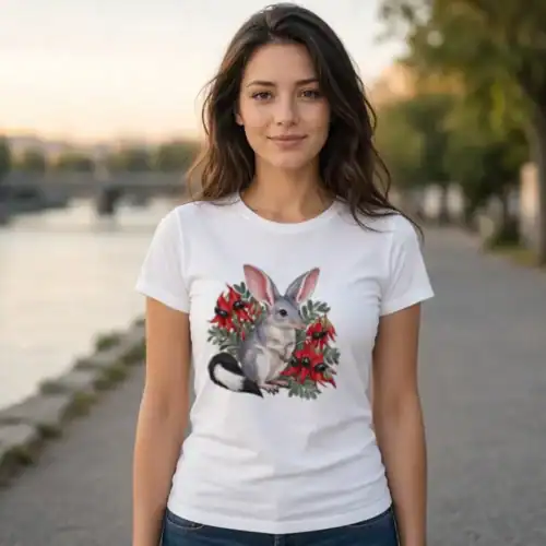 Lifestyle photo of the Bilby Among Sturt Desert Peas Women’s Fitted T-Shirt being worn or used