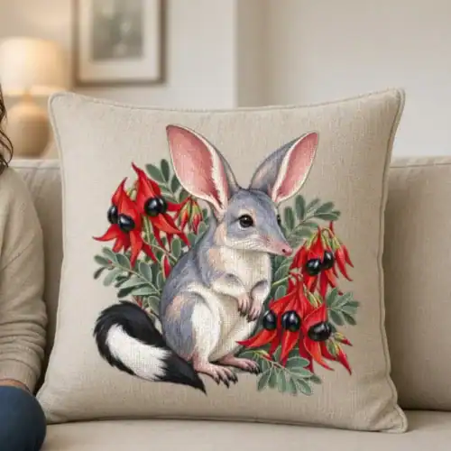 Lifestyle photo of the Bilby Among Sturt Desert Peas Cushion Cover being worn or used