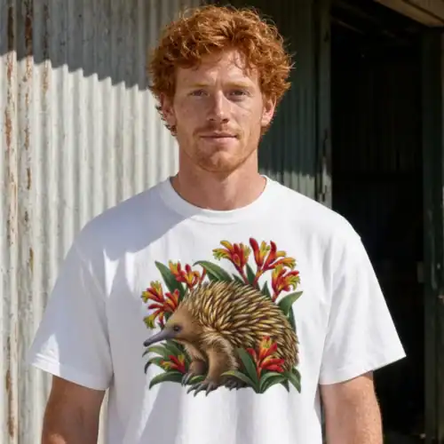 Man outside a corrugated iron shed wearing the white Echidna Among Kangaroo Paws boxy T-shirt