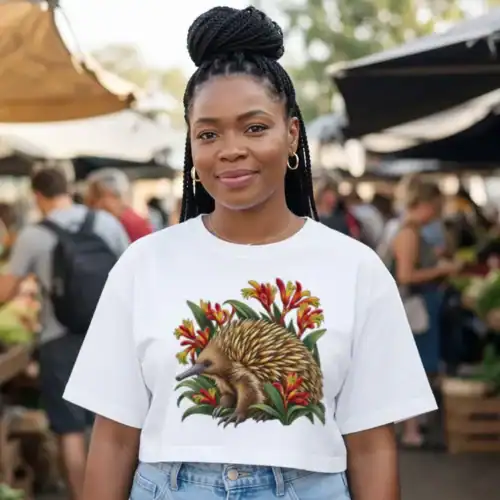 Woman at an outdoor produce market wearing the white Echidna Among Kangaroo Paws women’s boxy T-shirt with jeans