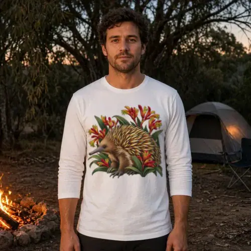 Man by a campfire at a bush campsite at dusk wearing the white Echidna Among Kangaroo Paws long sleeve T-shirt