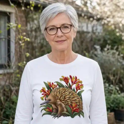 Woman in a cottage garden wearing the white Echidna Among Kangaroo Paws women’s long sleeve T-shirt
