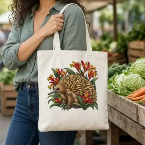 Woman at a farmers market carrying the natural Echidna Among Kangaroo Paws tote bag on her shoulder