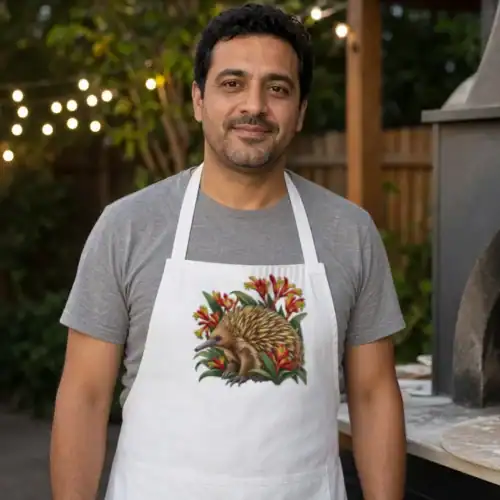 Man beside a backyard pizza oven wearing the white Echidna Among Kangaroo Paws apron