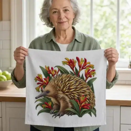 Woman in a kitchen holding up the natural Echidna Among Kangaroo Paws tea towel