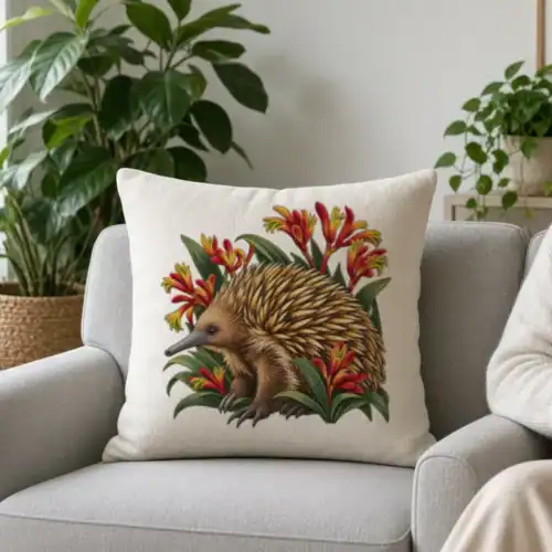 Off-white Echidna Among Kangaroo Paws cushion cover on a grey armchair in a living room with indoor plants