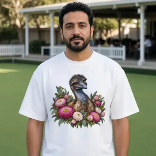 Man beside a lawn bowls green with the clubhouse behind, wearing the white Elegant Emu with Everlasting Daisies boxy T-shirt