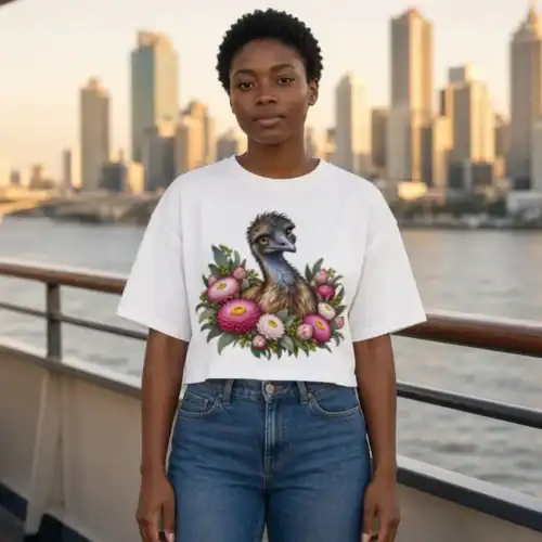 Woman on the deck of a river ferry with city towers behind, wearing the white Elegant Emu with Everlasting Daisies women’s boxy T-shirt with jeans