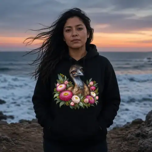 Woman on a rocky coastal headland at dusk with the surf behind, wearing the black Elegant Emu with Everlasting Daisies hoodie