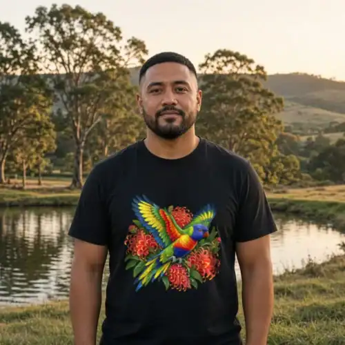 Man with a short beard beside a farm dam at golden hour, with gum trees and green hills behind, wearing the black Rainbow Lorikeet with Grevillea men’s T-shirt
