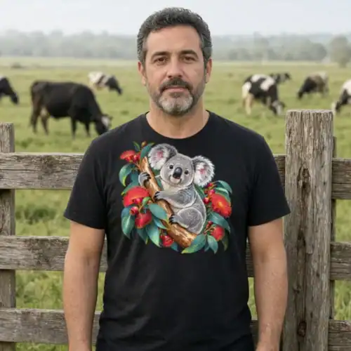 Man with a salt-and-pepper beard at a timber farm gate, with dairy cows grazing in a green paddock behind, wearing the black Koala in Coral Eucalyptus men’s T-shirt