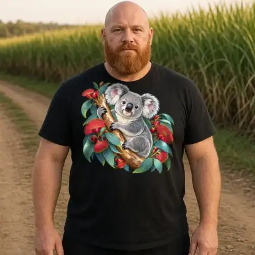Big-built man with a ginger beard beside a field of tall green sugar cane, wearing the black Koala in Coral Eucalyptus premium men’s T-shirt