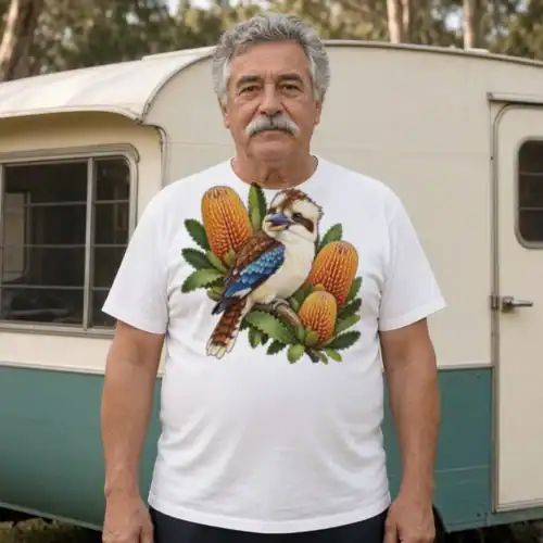 Big-built man with a grey moustache in front of a vintage caravan at a bush campground, wearing the white Kookaburra with Golden Banksia premium men’s T-shirt