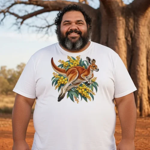 Big-built man with a thick dark beard in front of a huge boab tree on red dirt, wearing the white Red Kangaroo and Golden Wattle premium men’s T-shirt