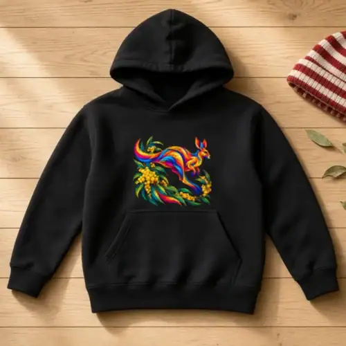 Black Kangaroo with Eucalyptus and Wattle kids hoodie laid flat on sunlit pale timber floorboards beside a red-and-cream striped beanie and a sprig of gum leaves