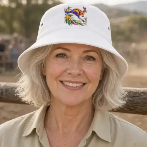 Smiling woman with shoulder-length silver-blonde hair at the timber rails of a country campdraft arena, face to camera, with a horse and rider and onlookers softly blurred behind, wearing the white Kangaroo with Eucalyptus and Wattle bucket hat