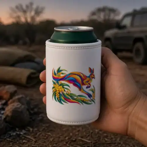 Hand holding a green can in the white Kangaroo with Eucalyptus and Wattle stubby holder beside a campfire at a bush campsite at dusk, with rolled swags and a four-wheel drive softly blurred behind