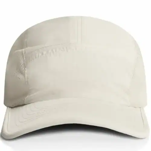 Front view of the Ecru AS Colour Active Finn Cap showing the plain front panel, stitched peak and mesh sides