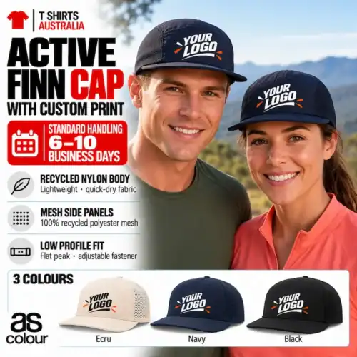 Man and woman wearing Navy AS Colour Active Finn Caps with example logo prints, with Ecru, Navy and Black samples below