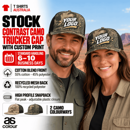 Couple wearing desert camouflage trucker caps with black mesh backs and sample Your Image mountain graphics
