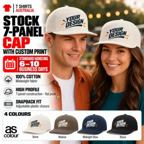 Man and woman wearing Bone AS Colour Stock 7-Panel Caps with sample Your Design prints, alongside four colour options
