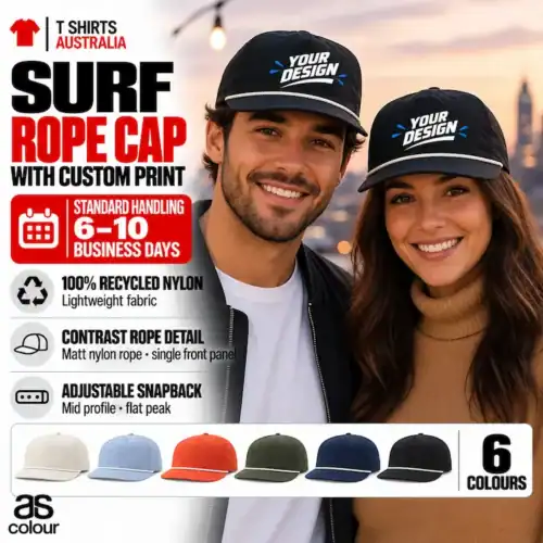 Couple wearing black caps with white rope trim and sample Your Logo wave graphics against a sunset city backdrop