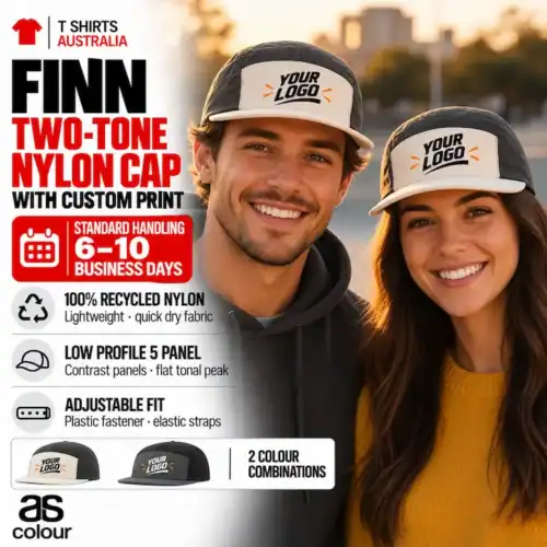 Man and woman wearing Ecru/Coal AS Colour Finn Two-Tone Nylon Caps with example custom artwork