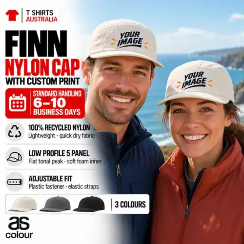 Man and woman wearing Ecru AS Colour Finn Nylon Caps with example custom designs
