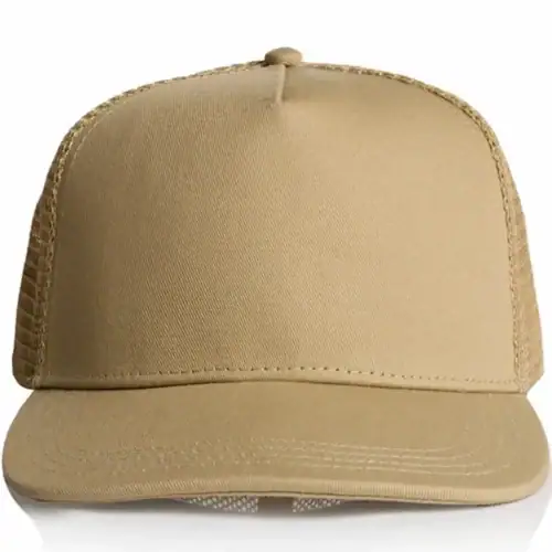 Front view of the Khaki AS Colour Stock Trucker Cap 1108 showing the plain front panel and stitched peak