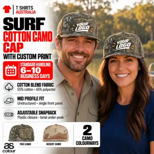 Couple beside the water wearing camouflage caps with sample Your Image fish and hook graphics