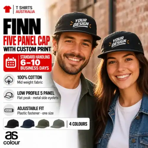 Man and woman wearing black AS Colour Finn Five Panel Caps with example custom logo prints