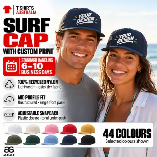 Couple at the beach wearing dark blue caps with sample Your Logo sun and wave graphics