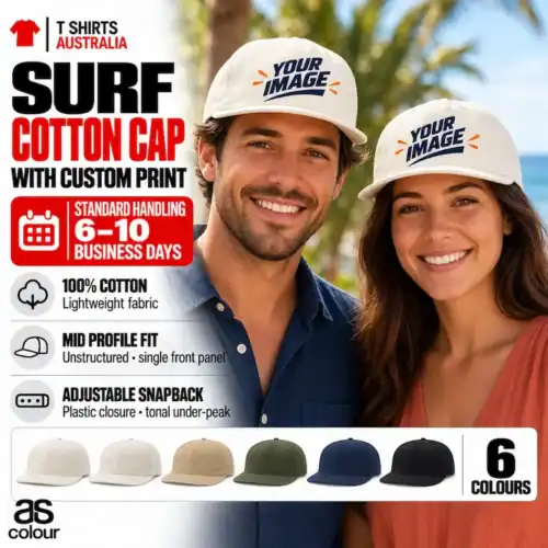 Couple wearing light-coloured caps with sample Your Design wave and palm graphics beside a palm-lined beach