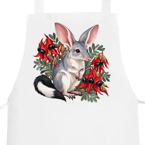 Bilby Among Sturt Desert Peas printed on a white Apron, design by Australia Art Prints