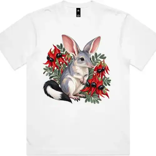 White boxy T-shirt printed on the front with a grey bilby among red Sturt desert peas