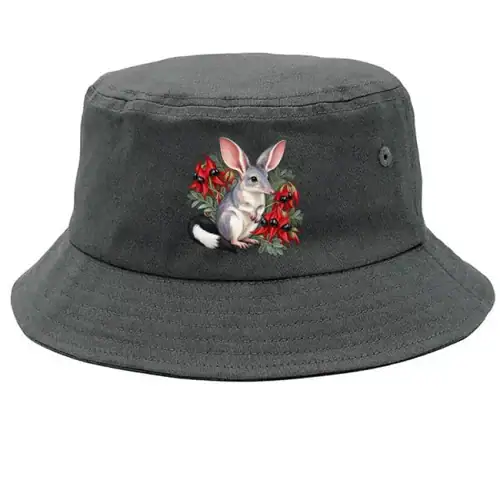 Grey bucket hat with a small Bilby Among Sturt Desert Peas print on the front