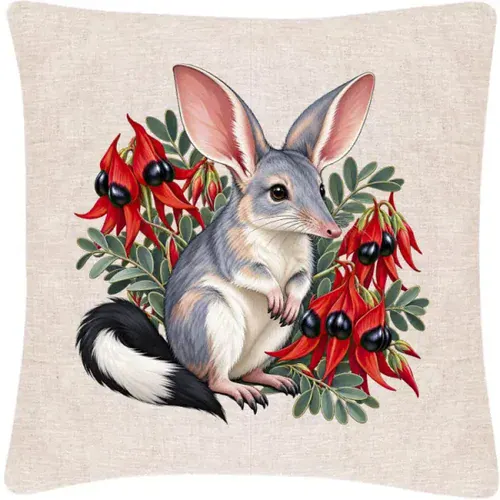Bilby Among Sturt Desert Peas printed on an oatmeal Cushion Cover, design by Australia Art Prints