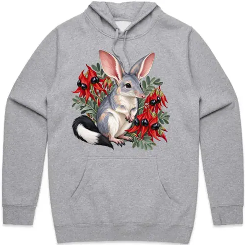 Bilby Among Sturt Desert Peas printed on a grey marle Hoodie, design by Australia Art Prints