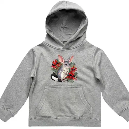 Grey marle kids hoodie with a small Bilby Among Sturt Desert Peas print on the chest