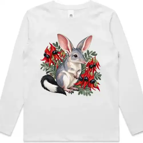 White kids long sleeve T-shirt printed on the front with a grey bilby among red Sturt desert peas