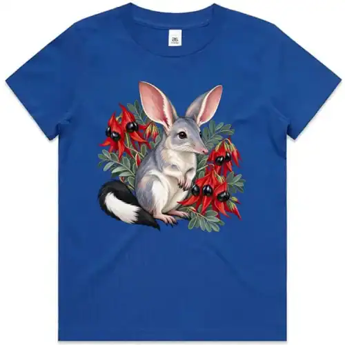 Bright royal blue kids T-shirt with the Bilby Among Sturt Desert Peas print on the front