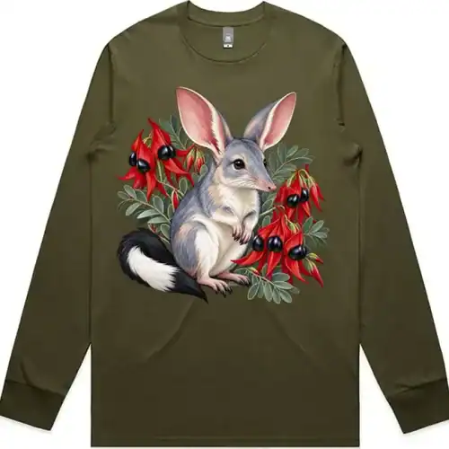 Bilby Among Sturt Desert Peas printed on an army Long Sleeve T-Shirt, design by Australia Art Prints