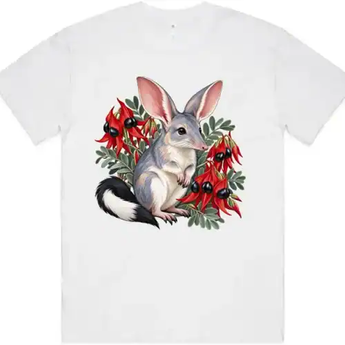 Bilby Among Sturt Desert Peas printed on a white Oversized T-Shirt, design by Australia Art Prints