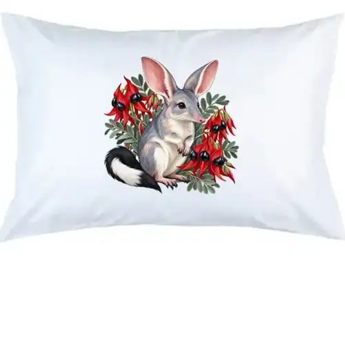 White cotton pillow case with the Bilby Among Sturt Desert Peas print in the centre